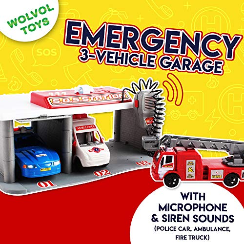 WolVol Emergency 3-Vehicle Garage w/ Pretend Radio & Sounds - Portable Utility Vehicle Station - Ideal Gift for Boys & Girls