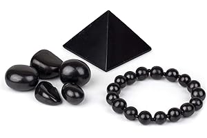 Heka Naturals Polished Shungite Pyramid (2 Inch), Stretchy Bracelet & Tumbled Stones | Home Decor, Water Purification, Detoxification - Chakra Stones Healing Crystals Spiritual Jewelry