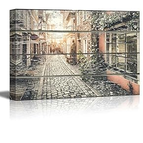 Canvas Wall Art - Quiet European Street on Vintage Wood Textured Background - Rustic Country Style Modern Giclee Print Gallery Wrap Home Art Ready to Hang - 12" x 18"