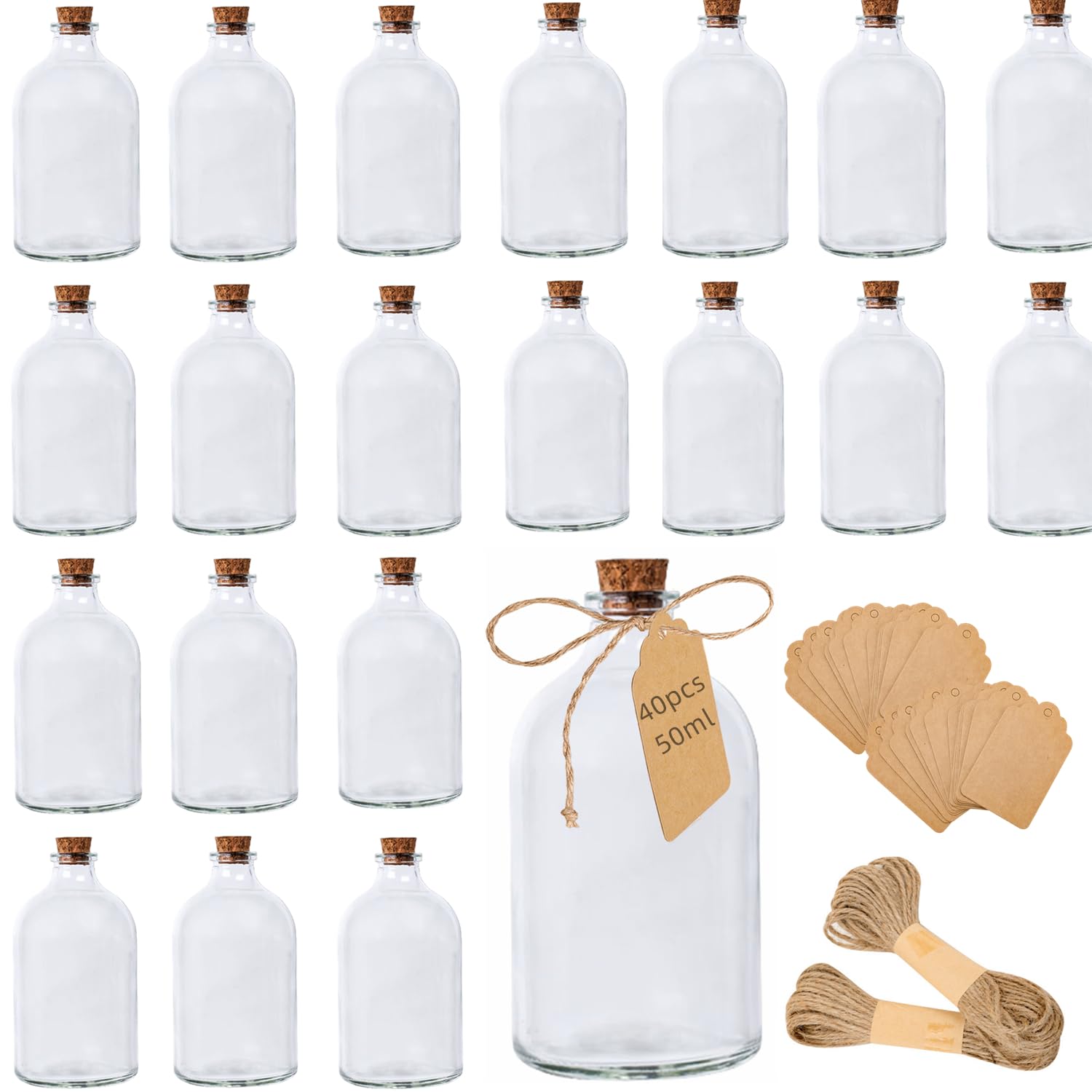 AZKEEGREY 40 Pack Mini Glass Bottles with Cork, 50ml Glass Bottles for Wedding Favours, Shot Glasses Bottle with Cork Stoppers Label Tags and String for Crafts Decoration Wedding Party