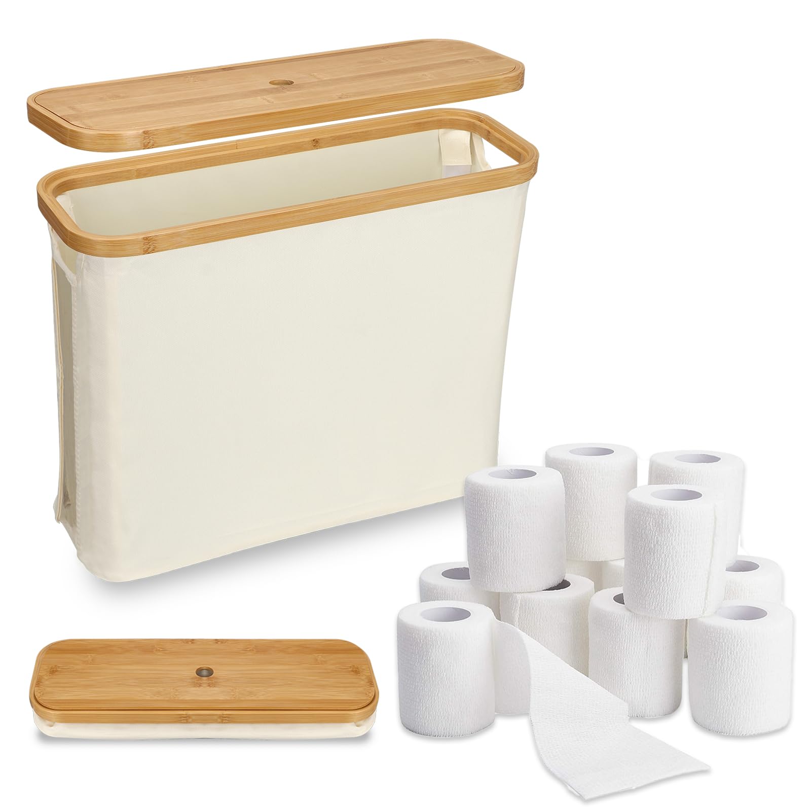 Toilet Roll Storage,Toilet Paper Basket Cabinet with Bamboo Lid,Bathroom Storage Box Holder Stand with Lid,Multifunctional Bamboo Bathroom Storage Box Holder with Handle,17.63 * 14.37 * 6.1in (Beige)