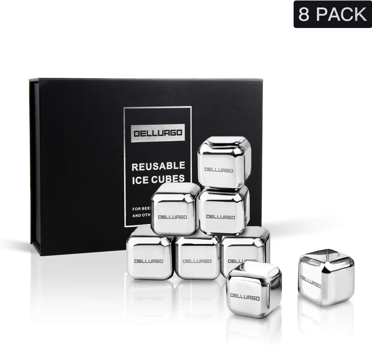 DELLURGO Stainless Steel Ice Cubes 8 Pack Reusable Ice Cubes with Tongs & Freezer Storage Tray Gift Sets Chilling Stones for Whiskey Wine Beverage