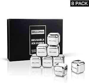 DELLURGO Stainless Steel Ice Cubes 8 Pack Reusable Ice Cubes with Tongs & Freezer Storage Tray Gift Sets Chilling Stones for Whiskey Wine Beverage