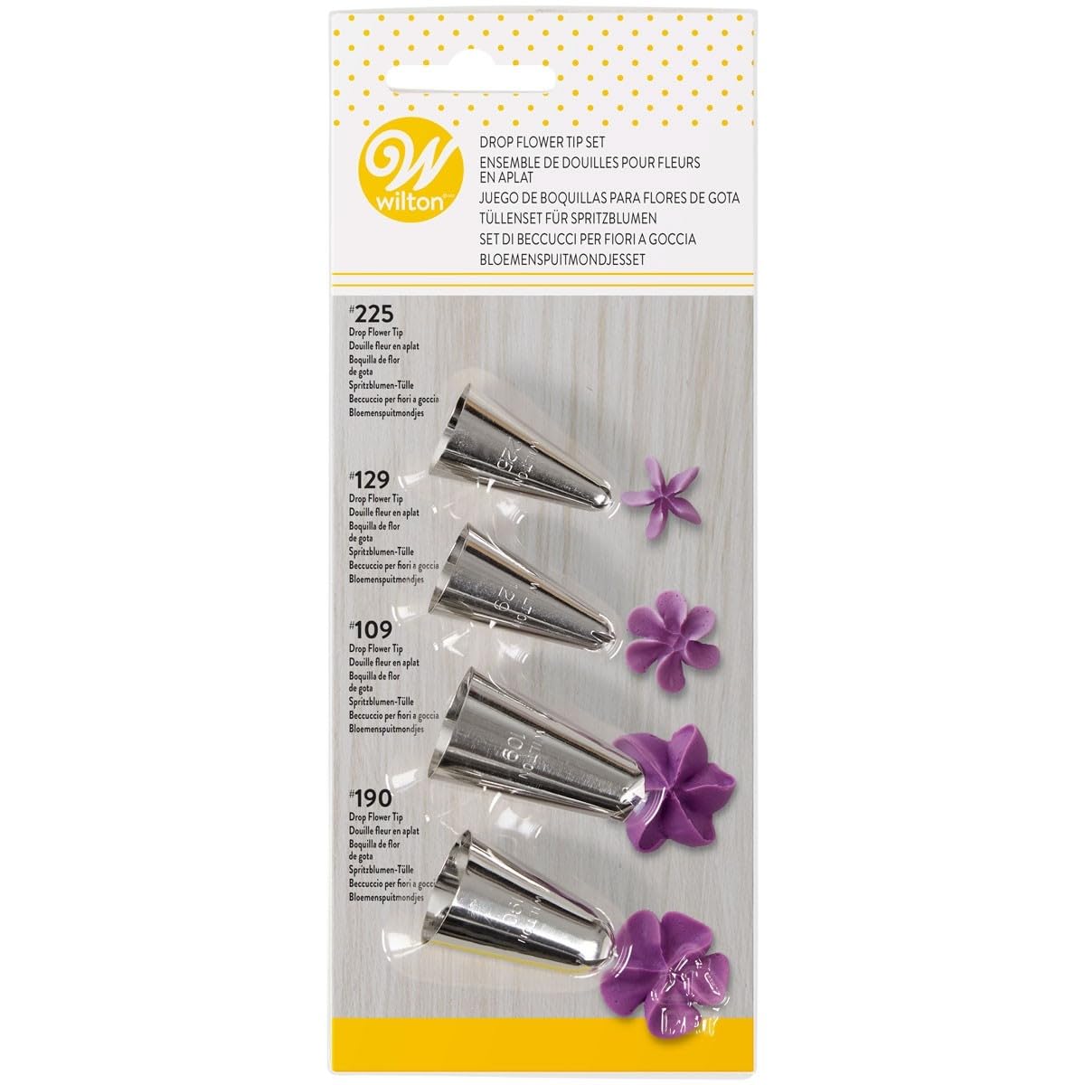 Wilton Drop Flower Tip Set 109, 129, 190, 125: Reusable Piping Tips for Flower Designs - Dishwasher Safe - Set of 4, Silver.