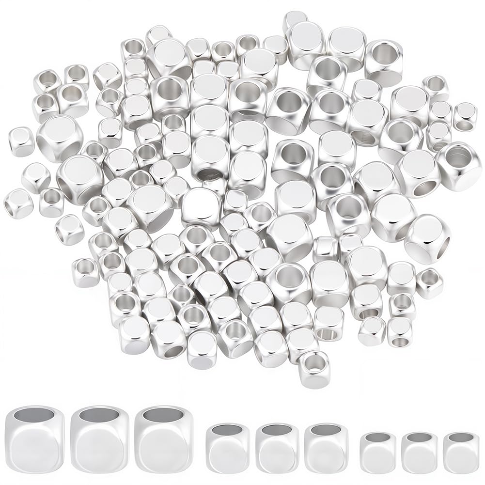 CREATCABIN 150Pcs Cube Spacer Beads 925 Sterling Silver Plated Cornerless Cube Beads Loose 3 Sizes Stackable Metal Small Smooth Bead for Summer Hawaii Bracelet Necklace DIY Jewelry Making 4/3/2.5mm — image 1