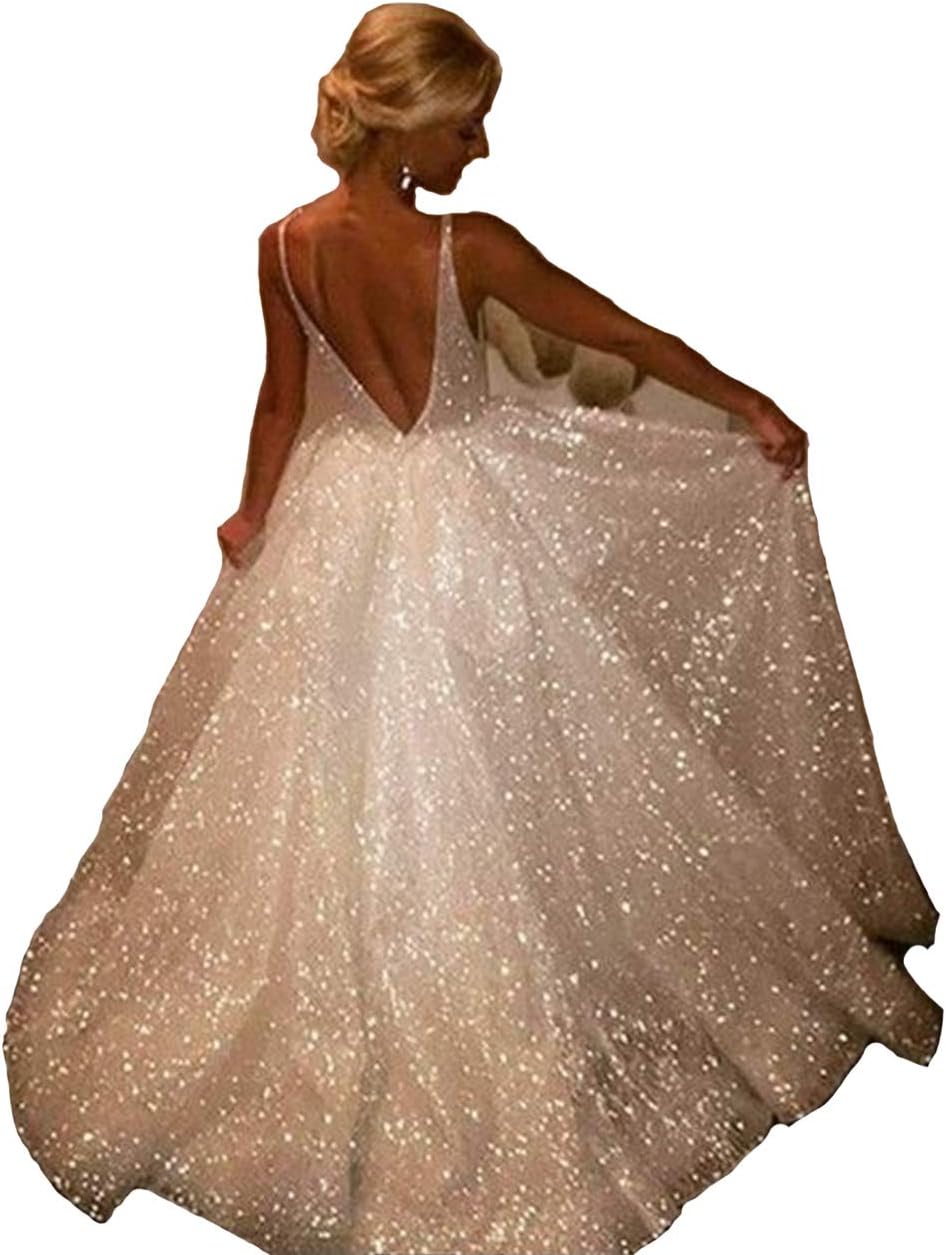 RYANTH Sparkly Ivory Evening Dress 2019 Charming Spaghetti Strap Backless Prom Party Gowns for Women
