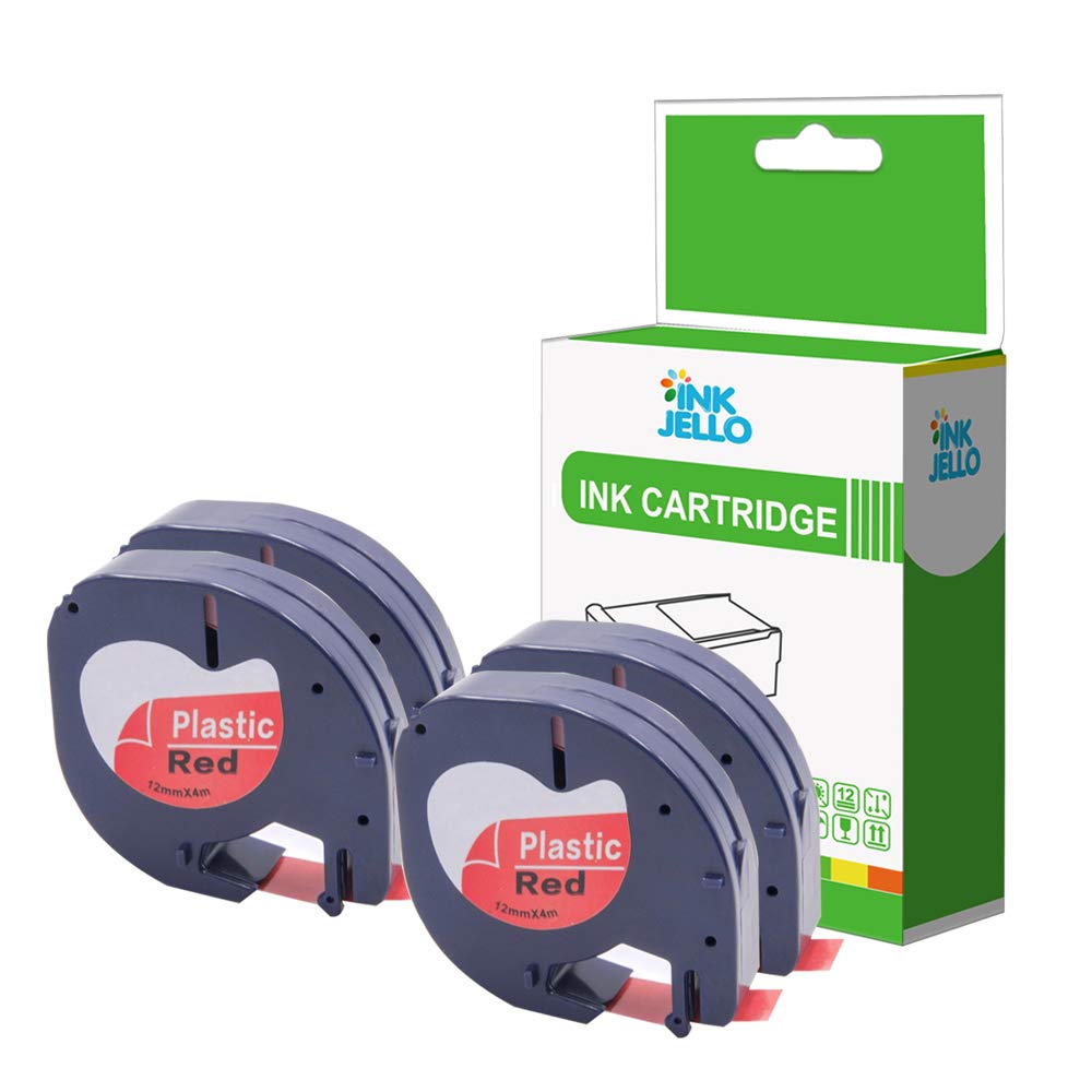 InkJello Compatible Label Tape Replacement For Dymo LetraTag LT-100H LT-100T LetraTAG QX50 XR 91203 (12mm x 4m) Black on red (4-Pack)
