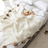 Knit Throw Blanket Handmade Super Soft Household Decorative Crocheted Cover Air Condition Quilt for Bedroom Sofa/Bed/Couch/Car/Living Room/Office with PomPom (51.18