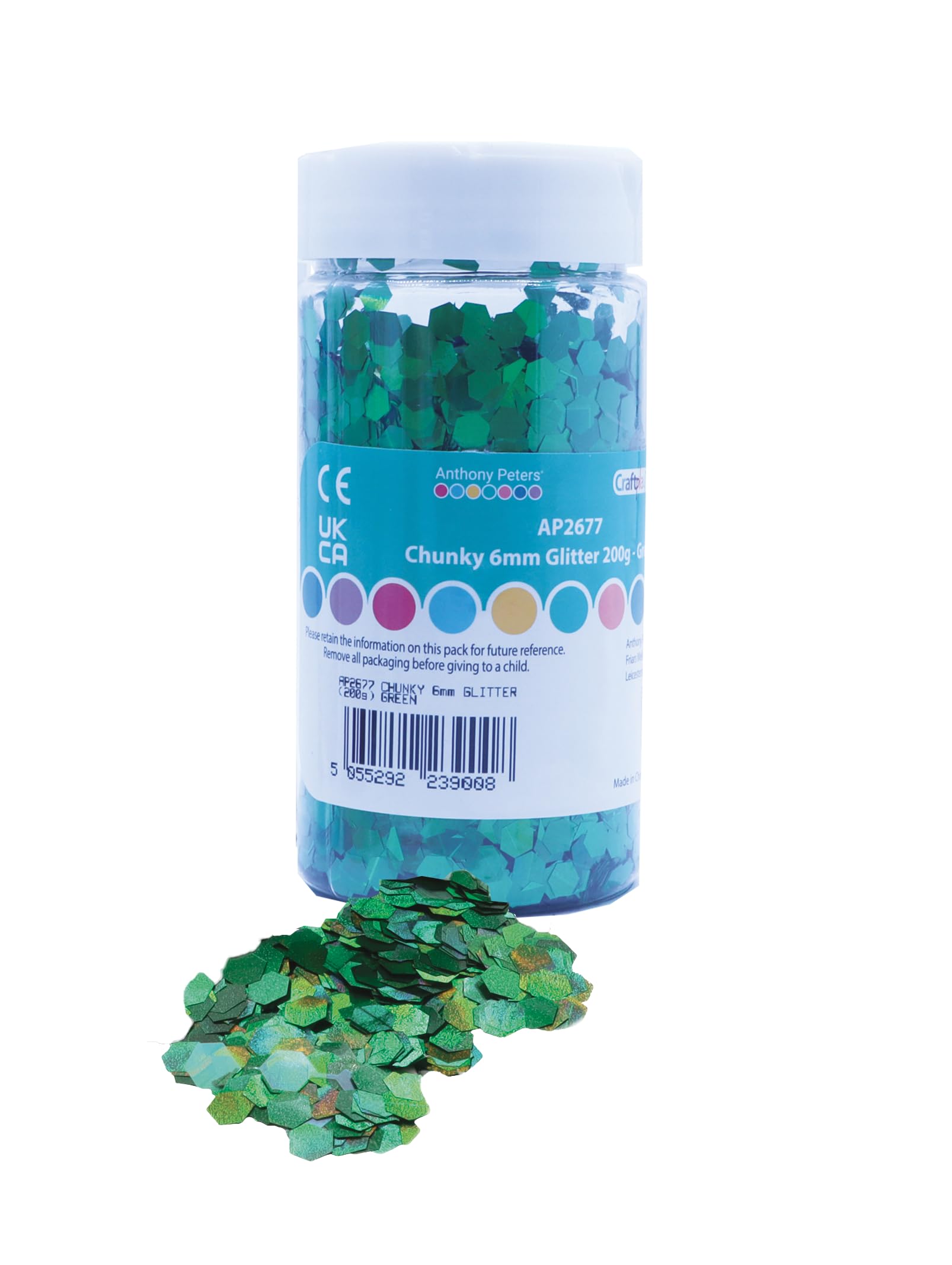 Craftplay Chunky Glitter | 6mm Hexagon Green | 200g Tub with Shaker Lid
