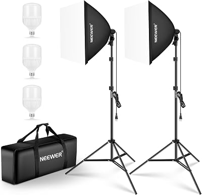 Kit di Illuminazione Softbox Equivalente a 700W, Confezione da 3 Lampadine LED 5700K, Softbox 61x61 cm con Attacco E26, Kit di Illuminazione Continua per Fotografia e Studio Fotografico