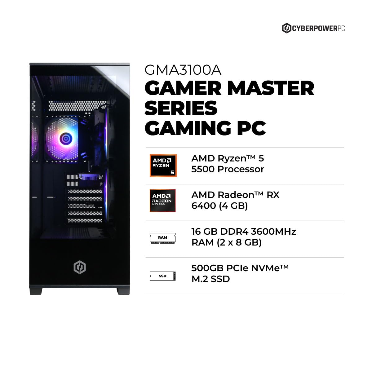 CyberpowerPC Gamer Master Gaming PC, AMD Ryzen 5 5500 3.6GHz, Radeon RX 6400 4GB, 16GB DDR4, 500GB PCIe Gen4 SSD, WiFi Ready & Windows 11 Home (GMA3100A)
