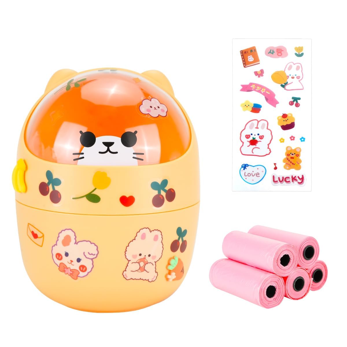 IBEQUEM Mini Trash Can, Cute Small Trash Can with Lid, Desktop Paper Bin with 5 Rolls of Bin Liners, Portable Tabletop Dustbin, Cartoon Rubbish Storage for Office Bedroom Desk Car Kitchen (Orange)