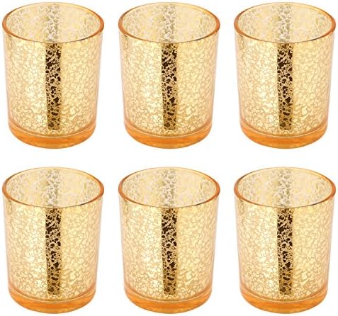 Runflory S/6 Antiqued Mercury Glass Votive Candle Holder, 3.35"-H Golden Crackled Tealight Candle Holders - Handmade Speckled Gold Table Decorative Candle Centerpieces for Home Decor Wedding Party