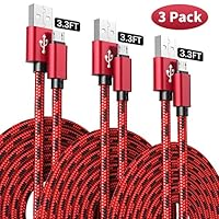 Micro USB Cable Android, 3-Pack 3.3ft Micro USB to 2.0 USB A Cell Phone Fast Charger Durable Nylon Braided Cord Compatible with Samsung Galaxy S6 S7 J7 Edge Note 5, LG, Kindle, PS4, Moto G5, Red