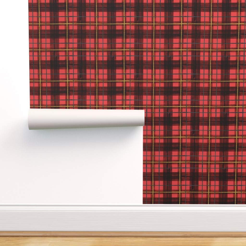 Spoonflower Non-Pasted Wallpaper, Red and Black Tartan Pattern Stripes Block Squares Plaid Holiday Christmas Print, Swatch 12in x 24in