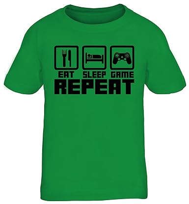 Geek Nerd Gamer Kinder T-Shirt Rundhals Mädchen Jungen Eat Sleep Game Repeat