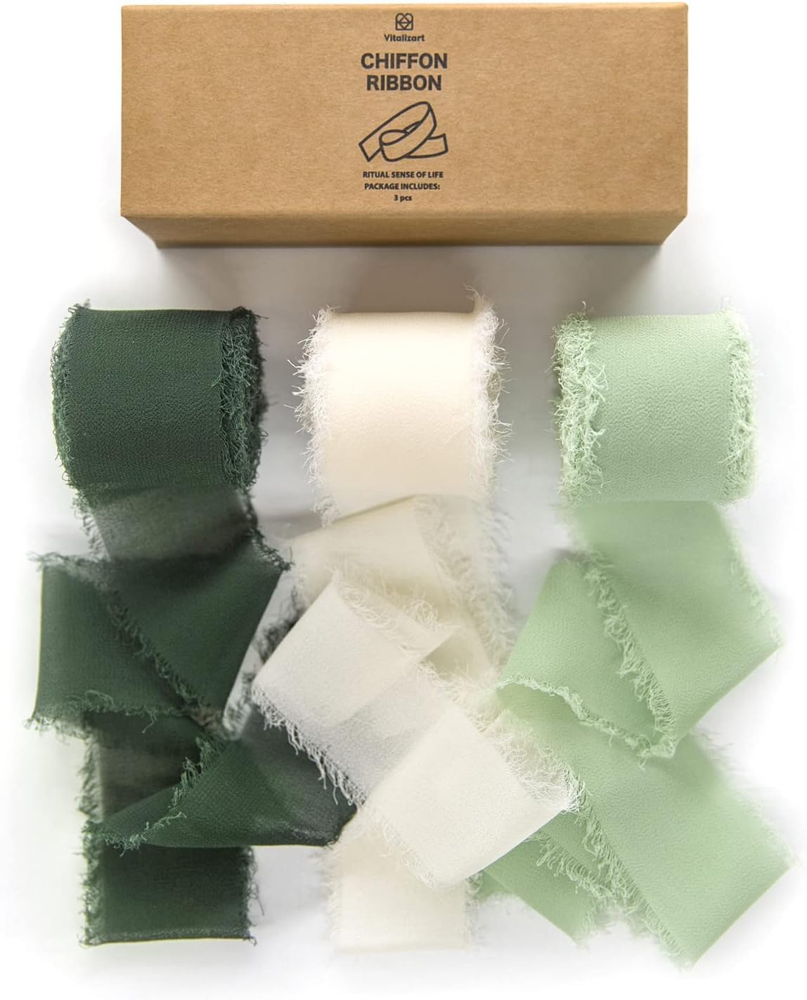 Vitalizart Chiffon Silky Ribbon 3 Rolls 1.5'' x 7 Yd Green & Cream, 1.5'' x 21 Yd Sage Green Ribbons Handmade Fringe for Wedding Invitations, Bridal Bouquets, Gift Wrapping, Holiday Decoration