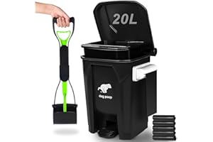 Uppcasir Dog Poop Trash Can Outside with Foldable Pooper Scooper, 20L/5Gallon Dog Waste Trash Can with Lid and 100 Bags, Pedal and Removable Inner Waste Bin, Black