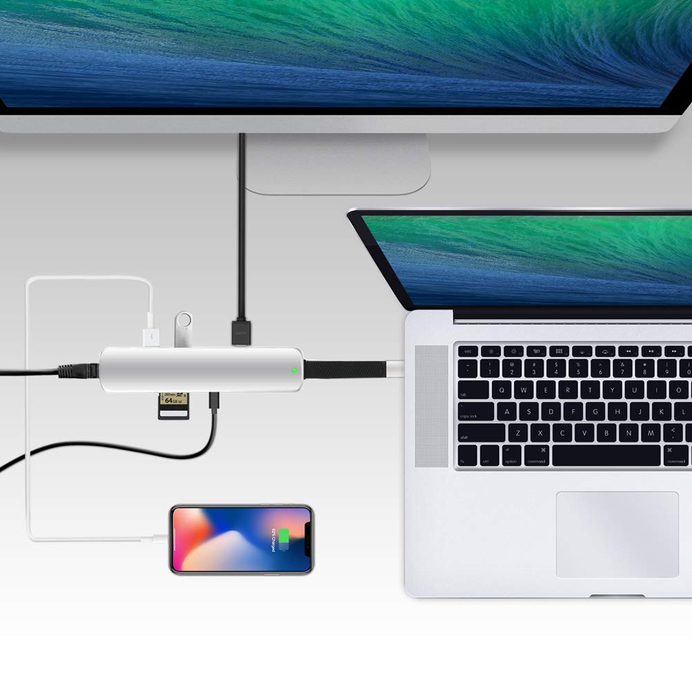 USB C Hub, 8-in-1 Premium Multiport USB C Adapter with Type-C Power Delivery to Gigabit Ethernet Port, 4K HDMI, 2 USB 3.0 Ports, PD Charging & Data Delivering Port, SD/TF Card Reader Protable for MacB
