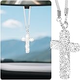 Cross for Car Mirror Hanging, Bling Cars Pendant Charm, Double-Sided Diamond Christian Cross Rearview Mirror Accessories, Car Accessories for Women (Silver)