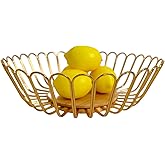 7UYUU Gold Fruit Basket Metal Wire Fruit Basket Bowl Kitchen Countertop Large Storage Serving Holder for Lemon Banana Onion - Wooden Stand - 12 Inch (Gold Wood)
