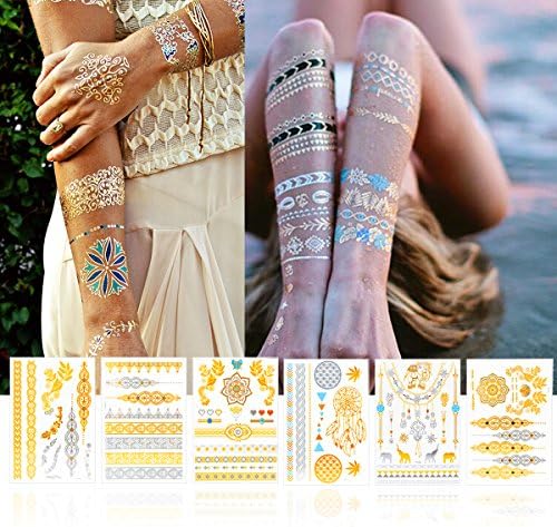 BeneU Metallic Tattoos, 6 Sheets Gold Silver Flash Temporary Jewelry Tattoos Glitter Shimmer Designs for Women Teens Girls Style A