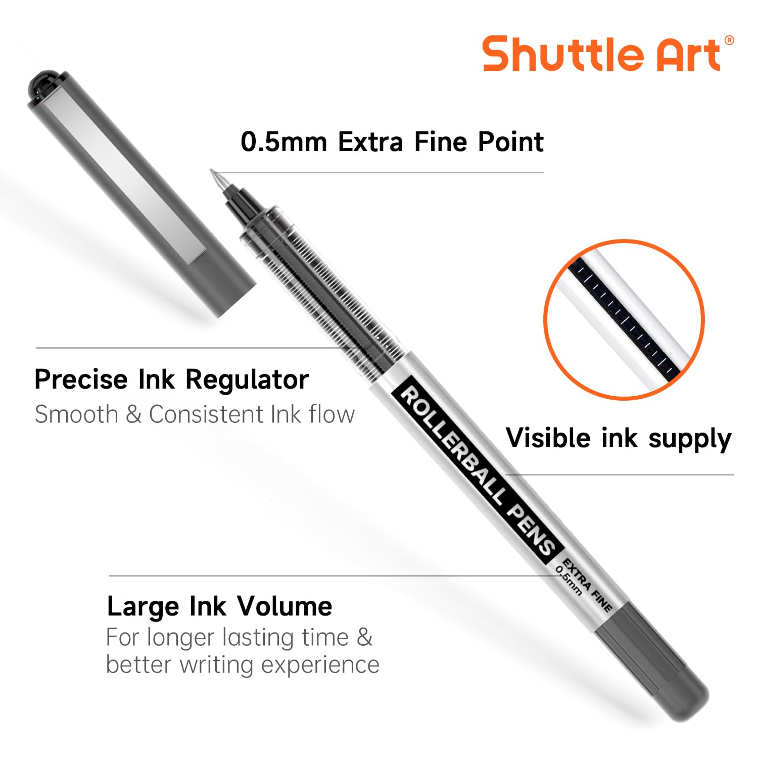 Shuttle Art RollerBall Pens, 25 Pack Black Fine Point Roller Ball Pens, 0.5mm Liquid Ink Pens for Writing Journaling Taking Notes School Office