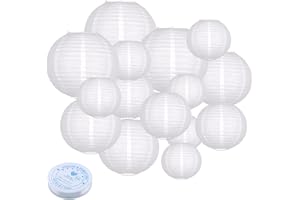 MEIDUO 15Pcs White Paper Lantern Decorations, Chinese Lanterns Hanging Round Paper Lanterns 4" 6" 8" 10" 12" for Wedding Birthday Christmas Bridal Home Decor Party Decorations