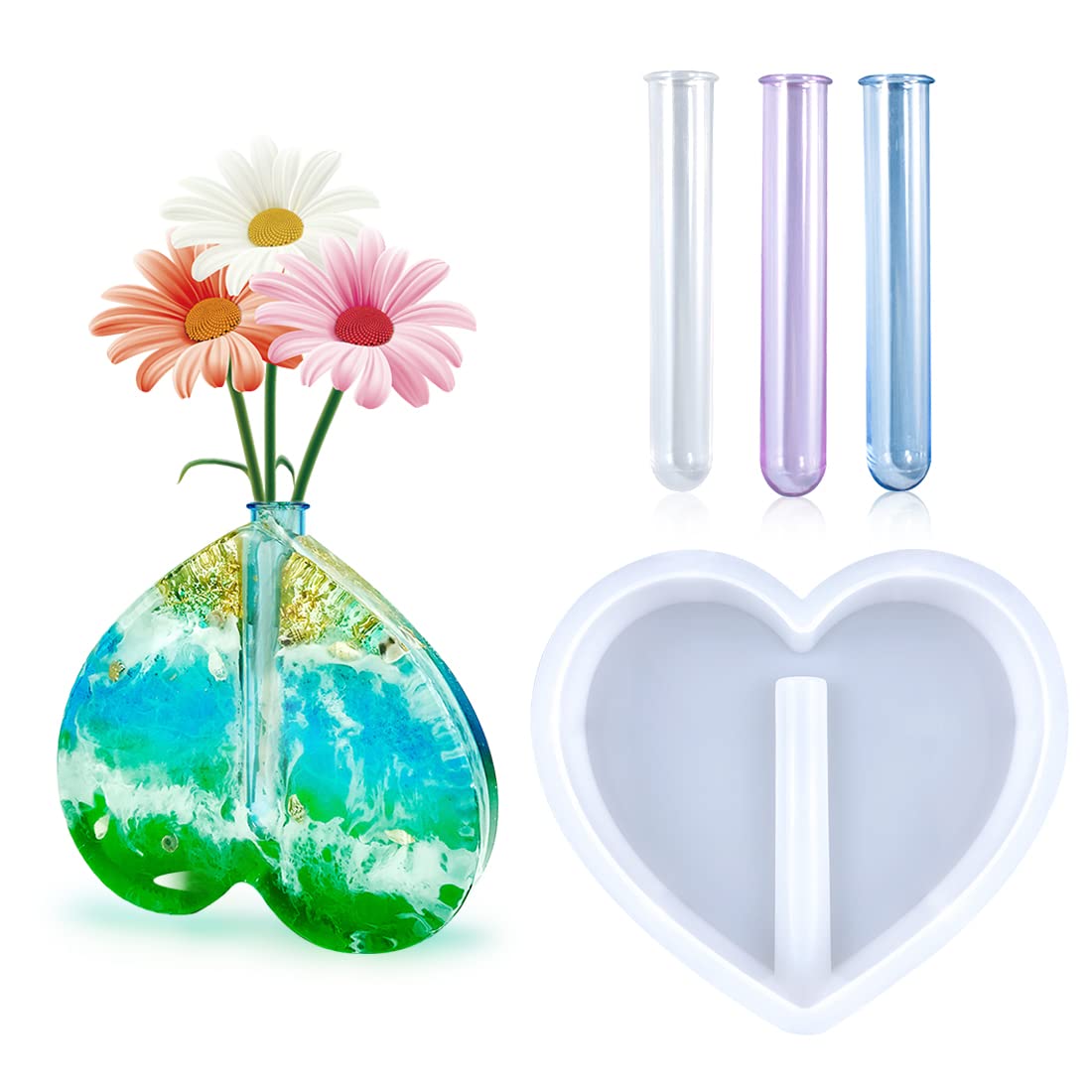 Voyyphixa Vase Resin Molds Silicone for Plant Propagation Station, Heart Shaped Epoxy Resin Mold with 3 Test Tubes, for Hydroponic Plant, Flower Bud, Home Garden Decor