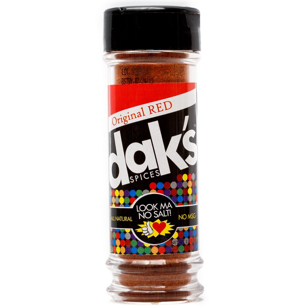 DAK's Spices ORIGINAL RED &ndash; 100% salt free! Deliciously spice up your diet with this seasoning containing 0% sodium! Grill steak and poultry with freedom from salt, low salt, and low sodium!