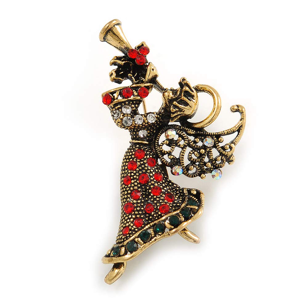 Beautiful Guardian Angel Clear/Green/Red Crystal Brooch In Aged Gold Tone Xmas Christmas - 50mm L