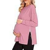 Women's Maternity Shirts Long Sleeve Sweatshirt Zipper Split Side Pregnancy Casual Tunic Top