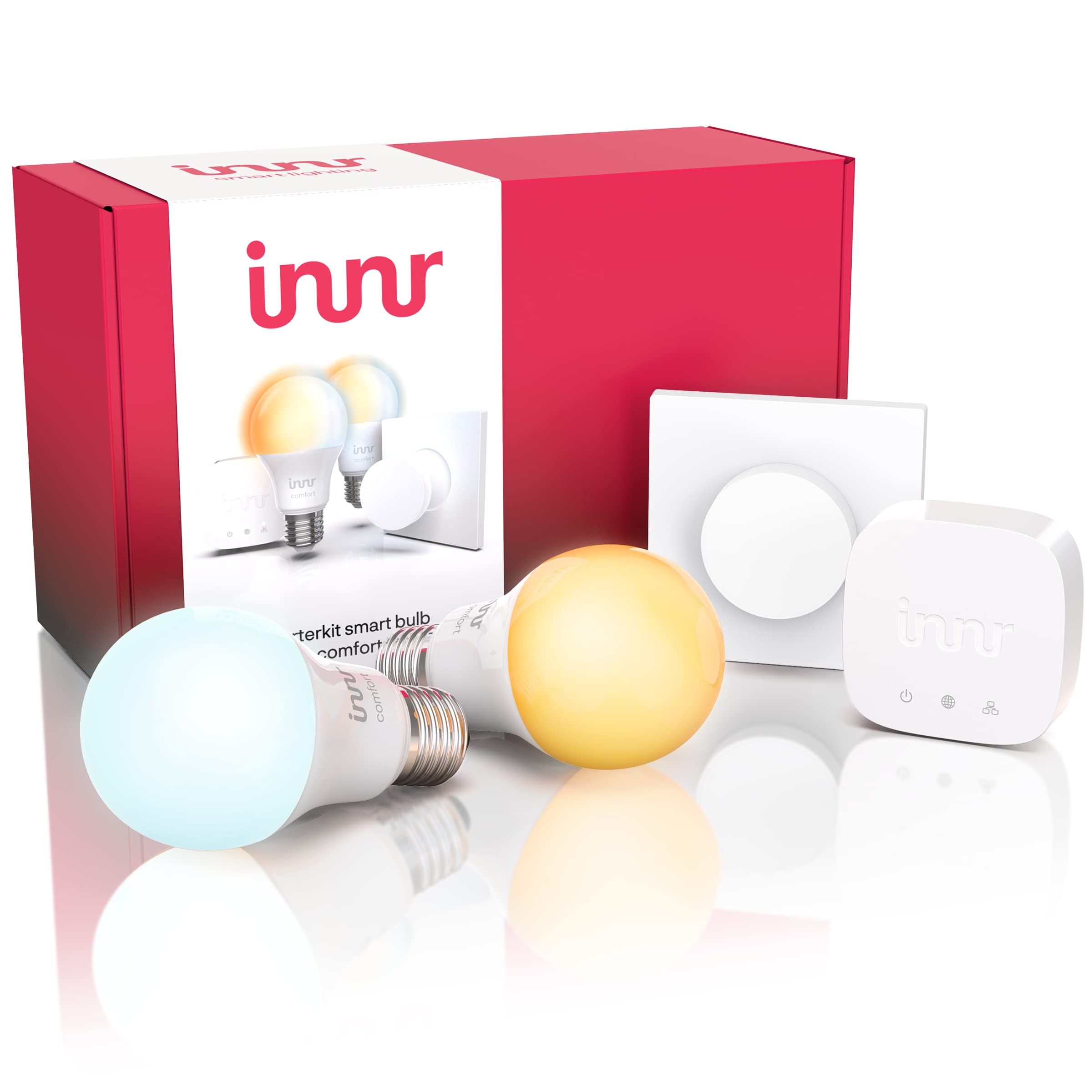Innr Starter Kit Comfort Bulb - Bridge, 2X E27 Smart LED Bulbs Comfort & Smart Button (Remote), Zigbee Lights, All Shades of White, Complete Set, SK 279 T-2 UK