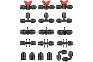 La Farah Drip Irrigation Fittings Kit for 1/2 Inch Tubing -18 Pieces Set- 3 Tees,3 Switch Valves,3 T Connectors,2 Elbows,3pcs 1/2" to 1/4" tubing Reducers,4 End Cap, Barbed Locked Nuts Connectors