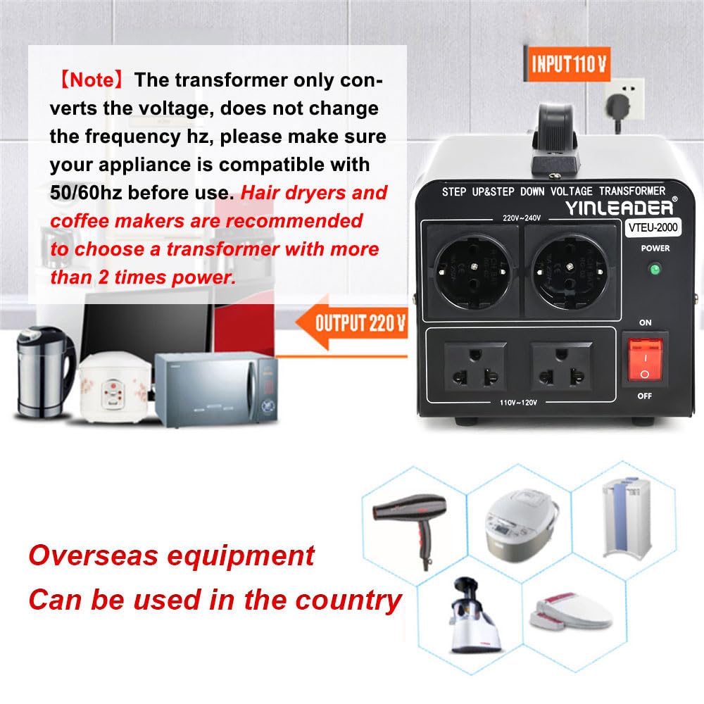 Yinleader 2000W Step Up/Down Transformer,Convert 110/120V to 220/240 Volt OR Convert 220V to 110V Voltage Converter with 2US&2 EU outlets