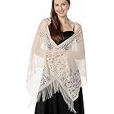 Ladiery Women's Floral Lace Shawl with Tassels, Soft Mesh Fringe Wraps for Wedding Evening Party Dresses