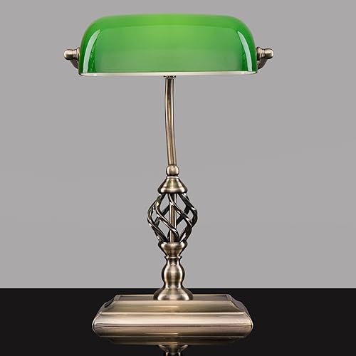 Traditional Incandescent Banker's Lamp, Green Glass Shade, Brass Base