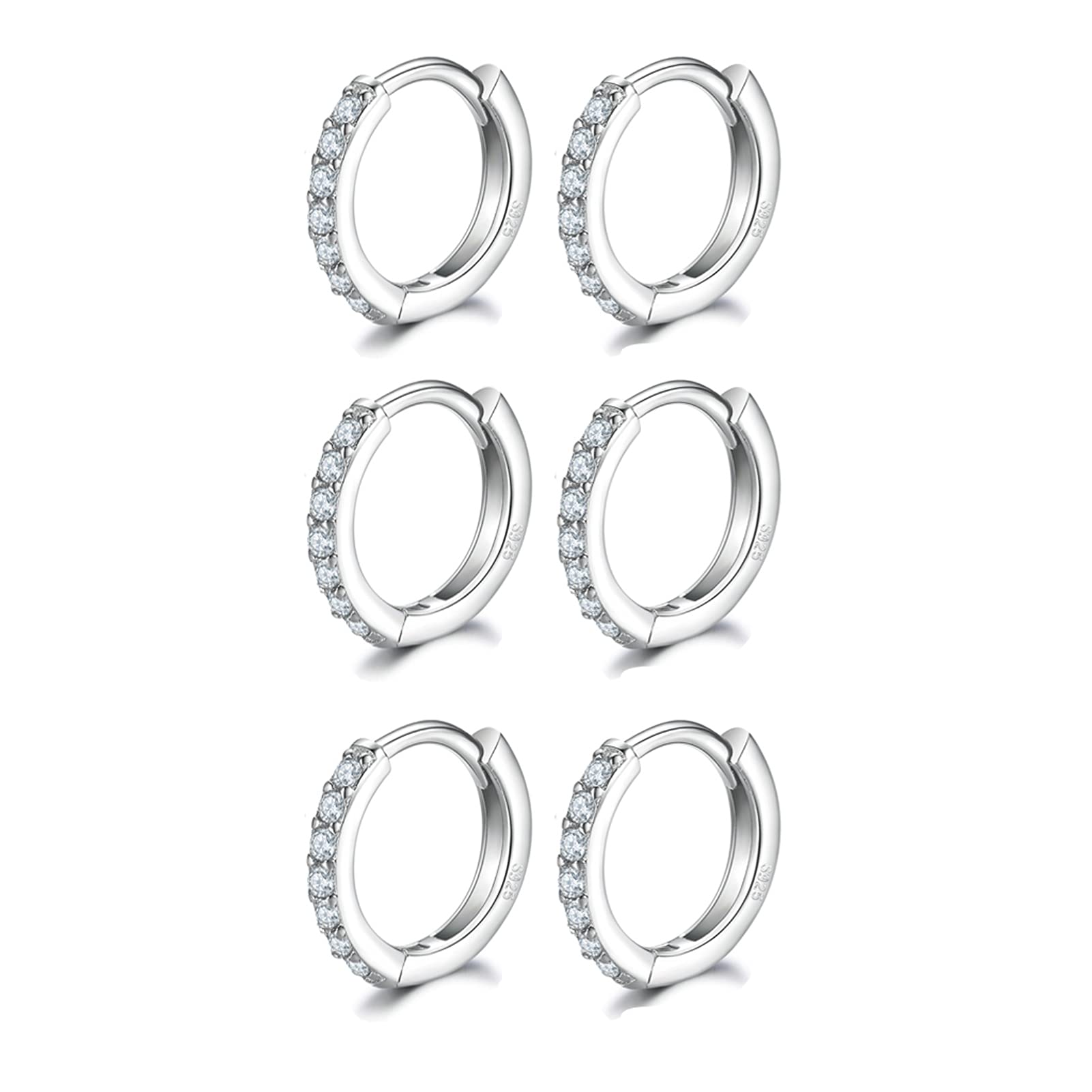 Silver Hoops Earrings for Women, 925 Sterling Silver Post Small Silver Hoop Earrings with AAA Cubic Zirconia, 3 Pairs Small Sleeper Hoops Huggie Hinged Earrings (10mm*3) — image 1