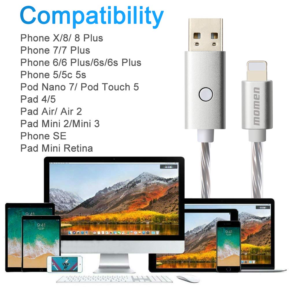 LED Charging Cable 10ft Compatible for Phone Xs/XS Max/XR/X / 8/8 Plus / 7/7 Plus More, Momen LED Visible Flowing Charging Cord with 5 Light Modes(Blue Light)