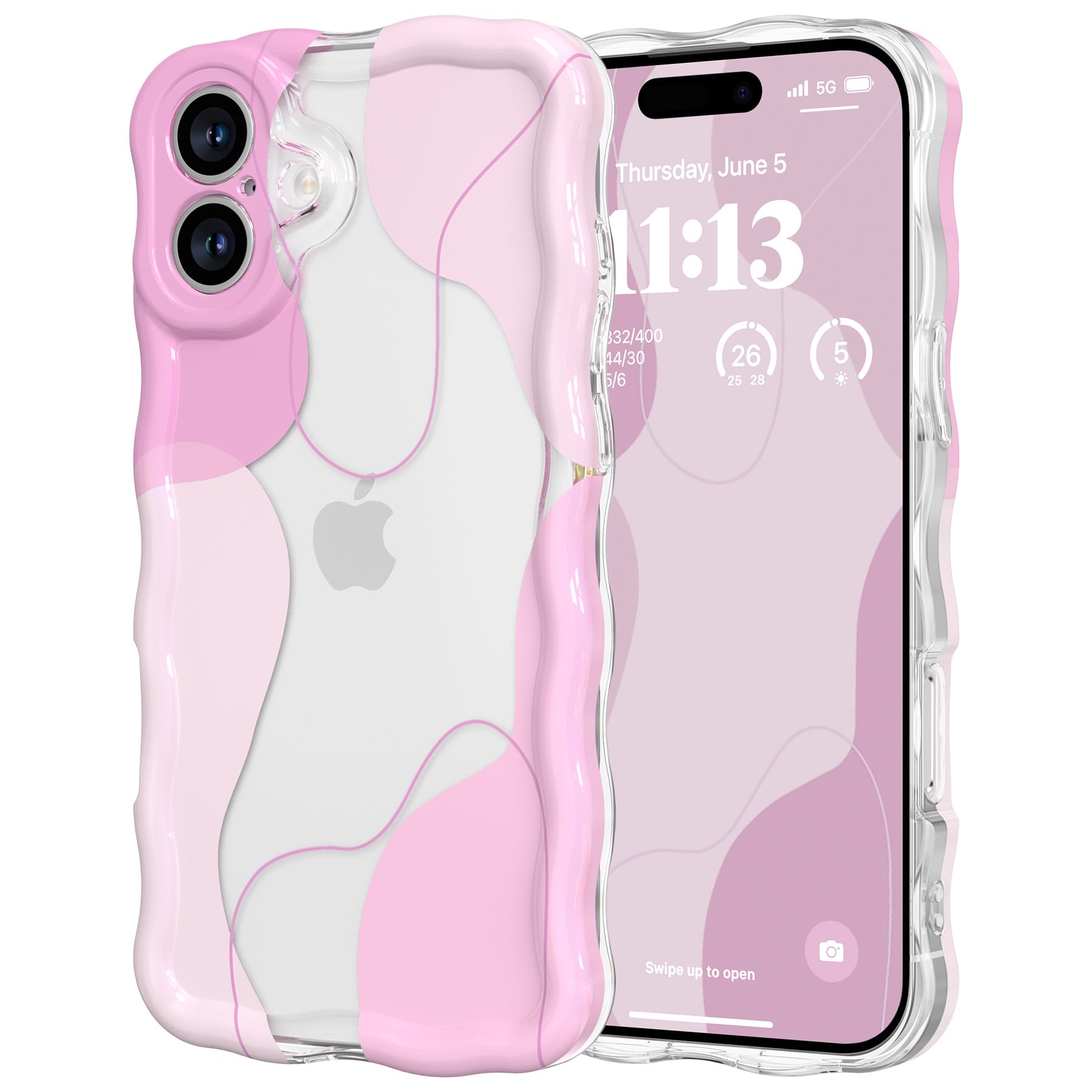 Photo 1 of DEFBSC for iPhone 16 Case, Cute Clear Wavy Art Design Aesthetic Pattern Phone Case for Women Girls, Wave Frame Durable Protective Cover Full Camera Protection Bumper for iPhone 16, Pink