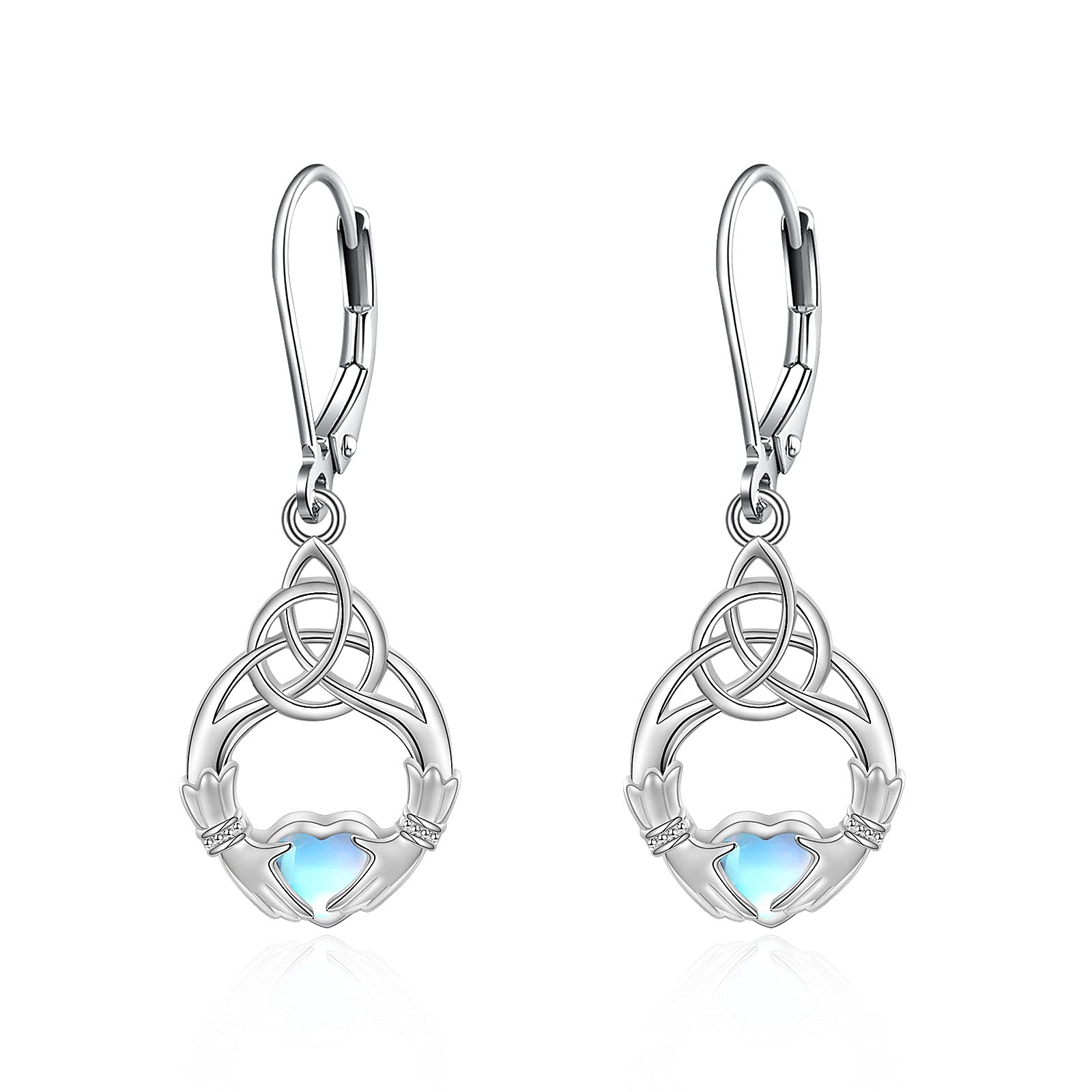 Sterling Silver Claddagh Earrings Irish Celtic Love Heart Moonstone Drop Dangle Leverback Earrings