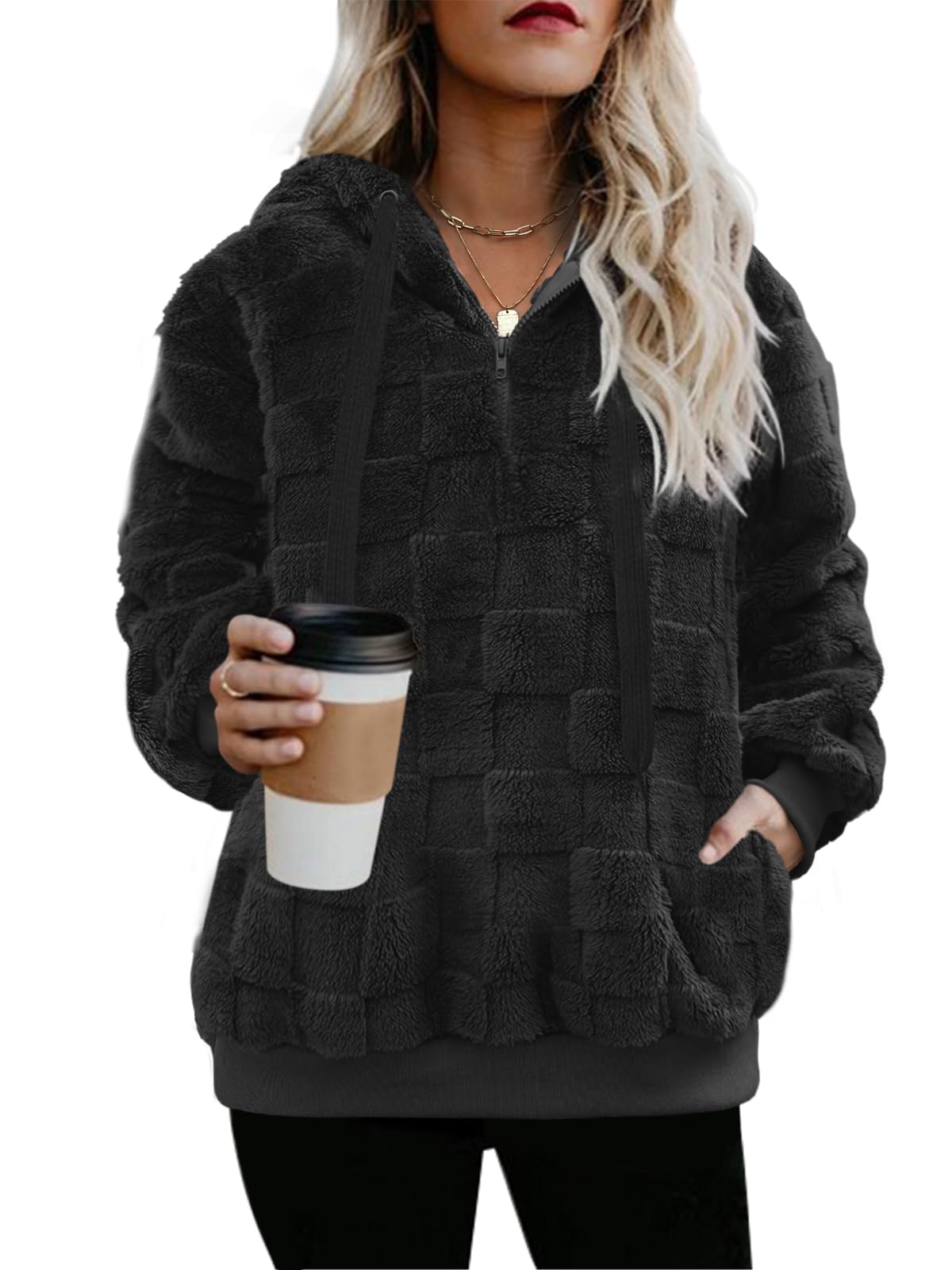 Nirovien Fuzzy Hoodies for women Sherpa Jacket Christmas Hoodie Solid Plaid Fleece Sweatshirts Fluffy Sweater(Solid Plaid Black,S) Image
