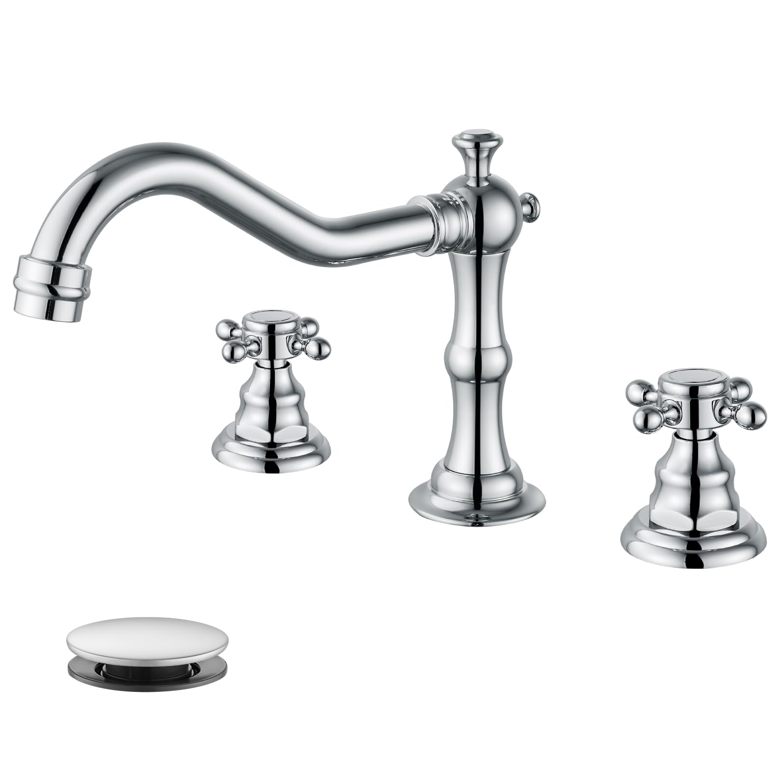 gotonovo 3-Hole Widespread Bathroom Faucet Double Cross Handle Mixer Tap for Bathroom Sink Deck Mount Hot Cold Water Matching Pop Up Drain with Overflow Polished Chrome Victorian Spout