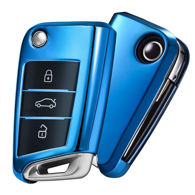 Autoschlüssel Hülle VW,VW Golf 7 Schlüsselbox,Schlüsselhülle Cover für vw Polo Skoda Seat 3-Tasten (Blau)[Verpackung?MEHRWEG]
