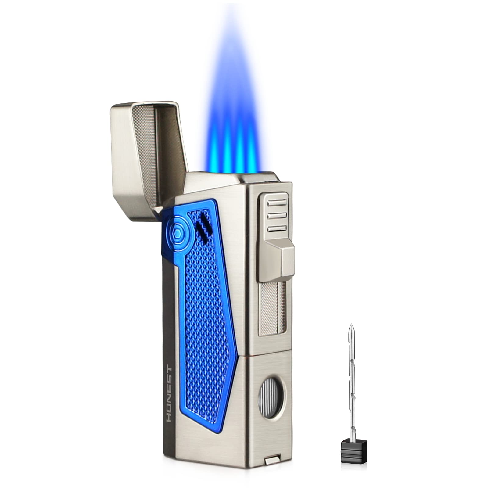 Four Jet Flame Butane Refillable Windproof Cigar Torch Lighter with Stand (Blue)