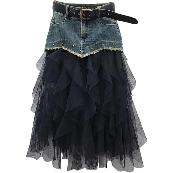 Women's Denim Mesh Splice Skirt – High Waist, Asymmetric Frill, Tulle Gothic Casual Midi