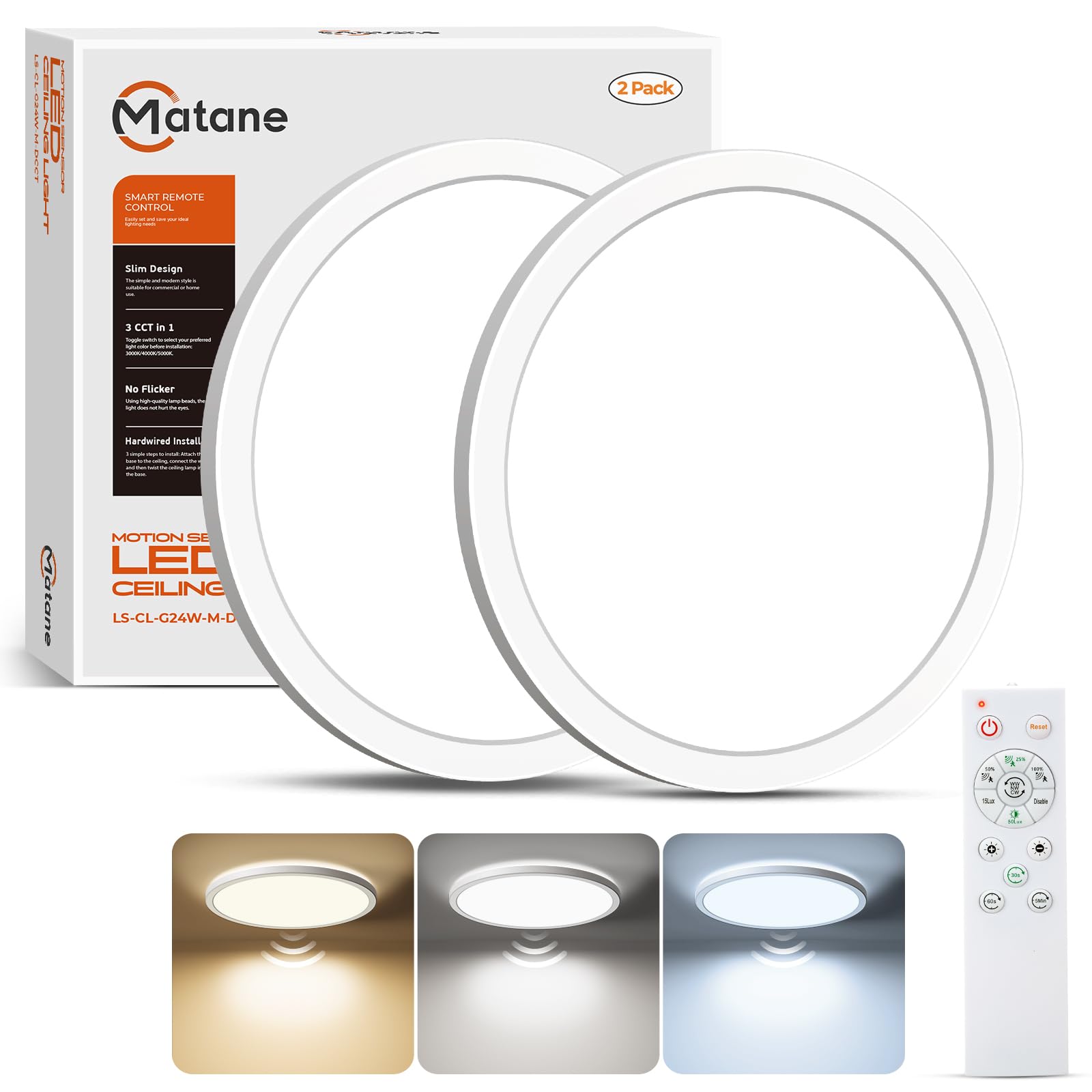 Matane 2Pack Motion Sensor LED Ceiling Light with Remote, 12 Inch Wired Flush Mount Light 3000K 4000K 5000K, 2400LM Dimmable Motion Sensor Light Indoor for Closet Hallway Laundry Stairs New Version Image