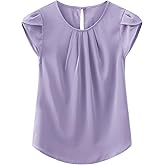 TASAMO Women's Casual Round Neck Basic Pleated Top Cap Sleeve Curved Keyhole Back Chiffon Blouse