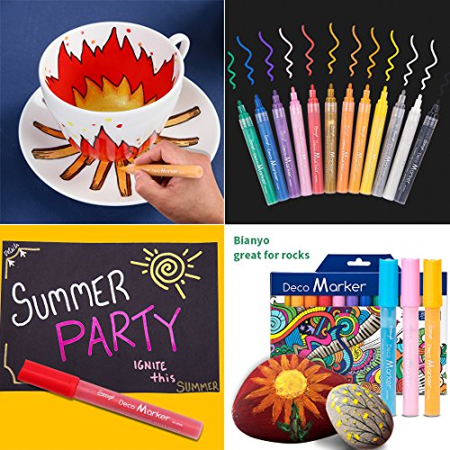 Bianyo Acrylic Marker Pens-Fine Tip Art Liquid Highlighters Set for Rocking Painting, Drawing, Wood, Stones, Fabric, Glass, Ceramics,12 Colors, 1mm - Thumbnail 2