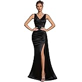 AOSHABABI Women's Cocktail Dresses Elegant Black Satin V-Neck Pleated Slit Mermaid Evening Dresses for Wedding Guest